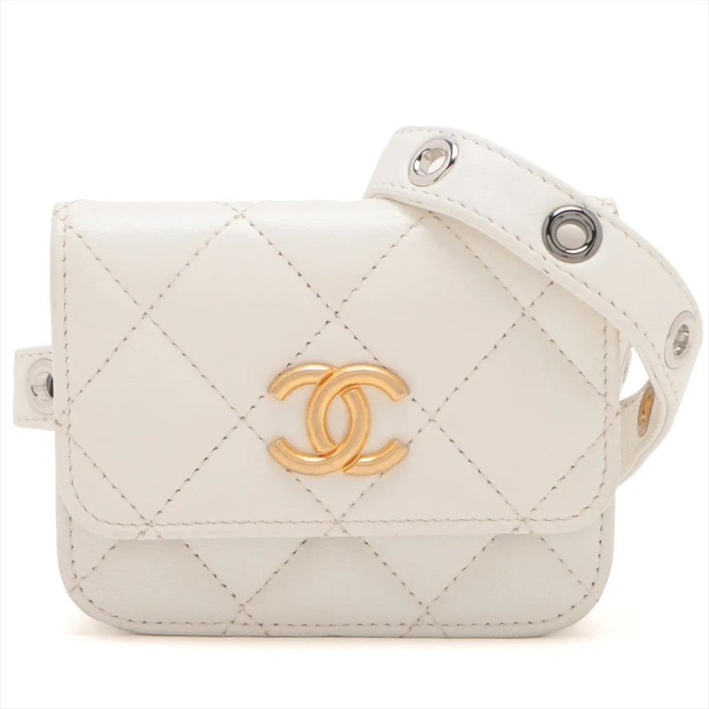 Chanel Mini Matelasse White Lambskin Belt Bag Gold x Silver Metal
